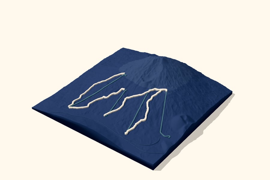 Digital design preview of a Mt. Bachelor ski-day relief: navy volcanic terrain with raised ivory runs and steel-blue lift rides.