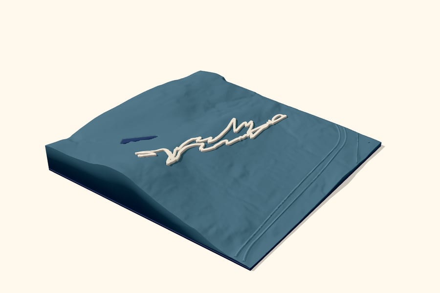 Digital design preview of a Raging River mountain bike relief: steel-blue terrain with a raised, winding ivory trail.