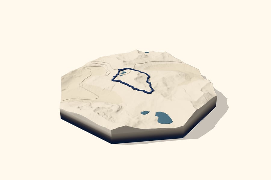 Digital design preview of a Naches Peak loop relief: ivory octagonal terrain with steel-blue lakes and a raised navy loop trail.