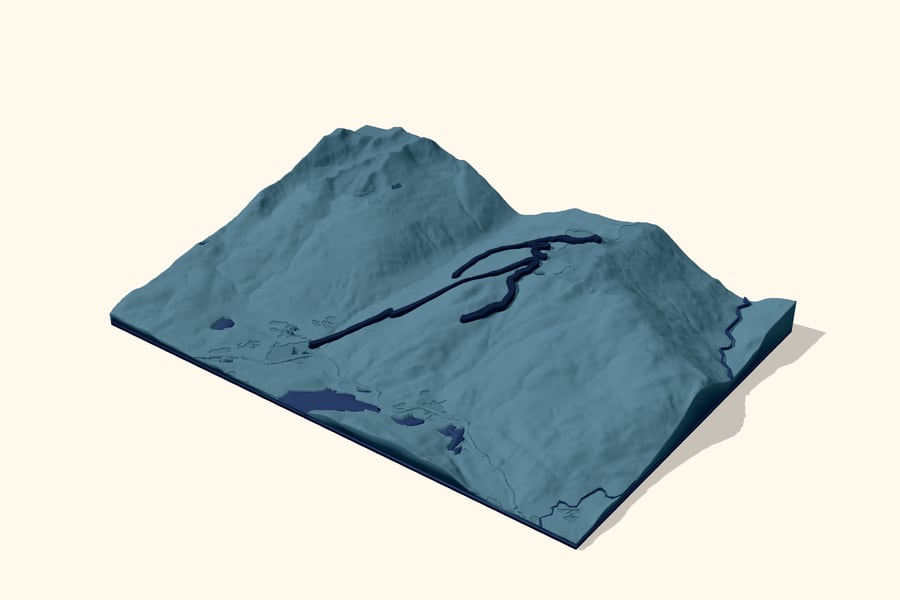 Digital design preview of a Whistler Blackcomb ski-day relief: steel-blue terrain with a raised ink line tracing the day.