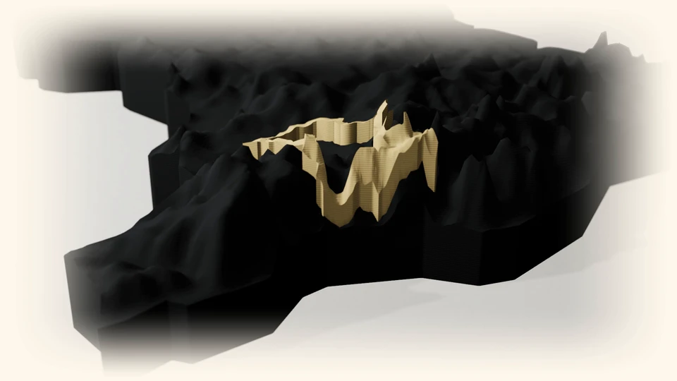 Digital visualization of successive printed layers building the Brazil terrain relief and its gold detail.