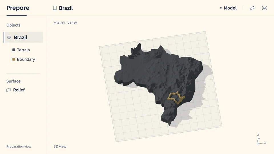 Illustrative preparation workspace showing the Brazil terrain model on an unbranded build plate.